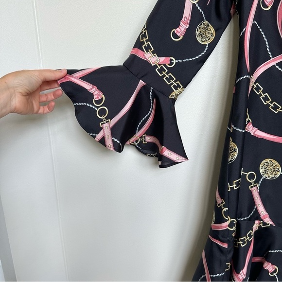 NWT Melly M 100% Silk Equestrian Print Ruffle Sleeve + Hem Mini Dress Black Pink - Picture 3 of 8